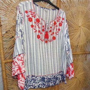 John & Mark Red White Blue Embroidered Tunic Bell Sleeves XL NWT